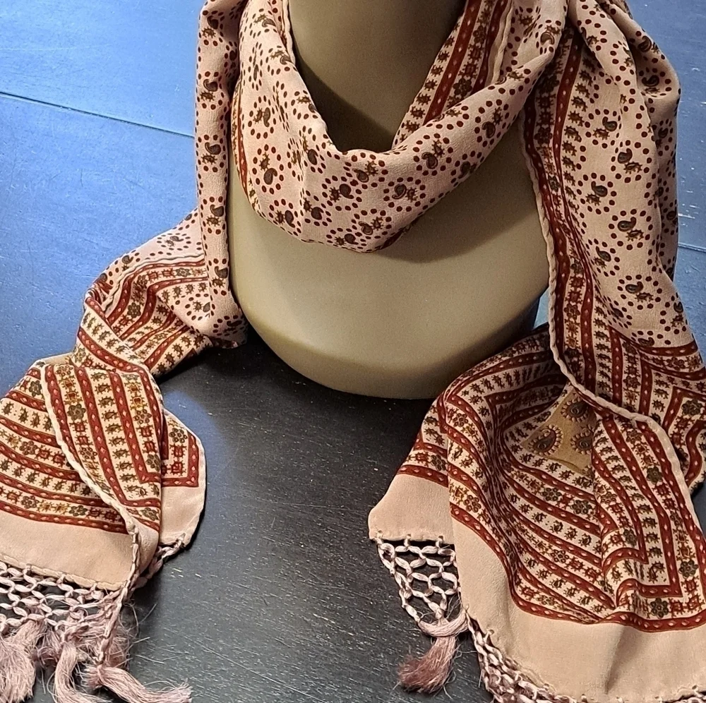 Printed Silk Scarf With A Floral Border & Fringe
